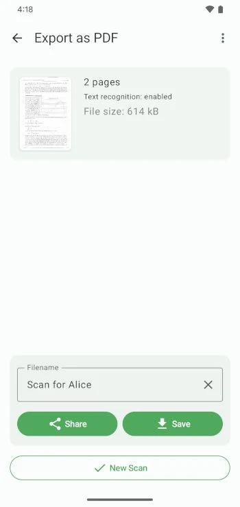 FairScan: Name, save, and share the PDF