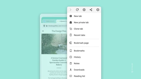 Vivaldi for Android main menu with bookmarks, notes and reading list.