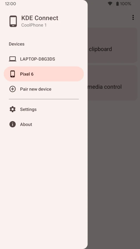 KDE Connect: Device list and connection menu