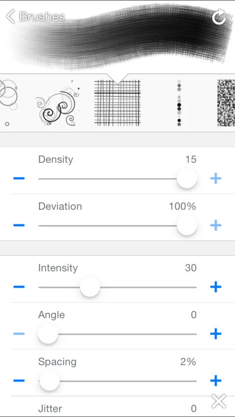Brushes Redux publisher iPhone screenshot of brush density, intensity, angle and spacing controls