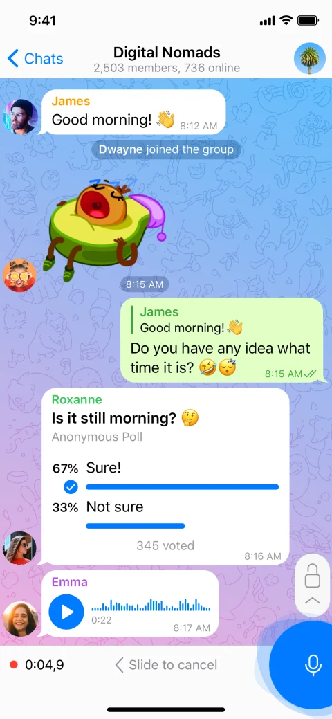 Telegram: Publisher example group chat with a poll