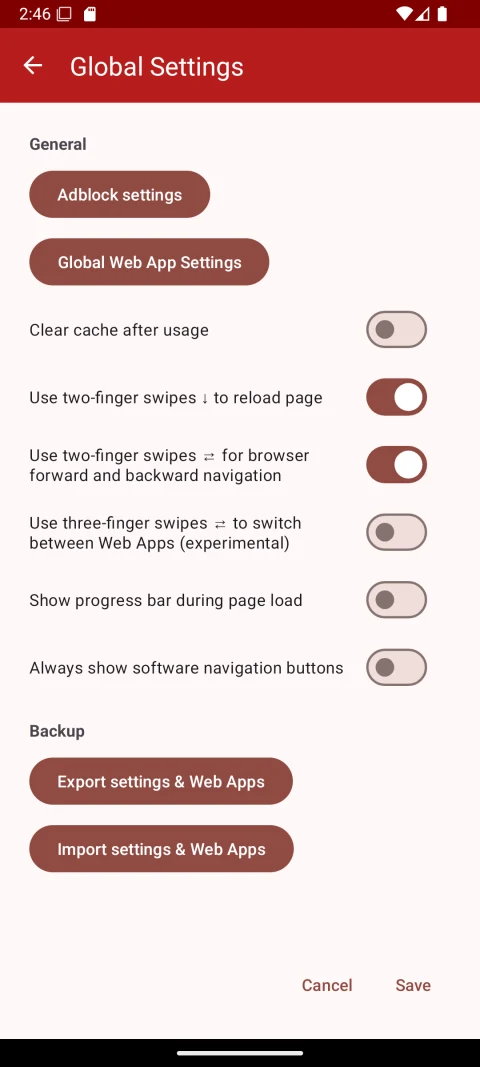 Earlier Native Alpha Android global settings for gestures, cache and settings backups