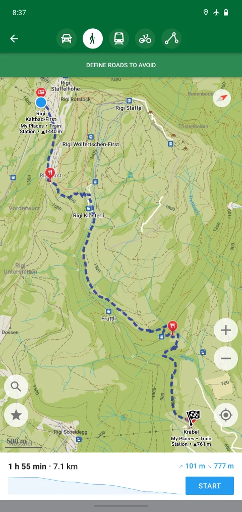 Organic Maps: Walking route and elevation information