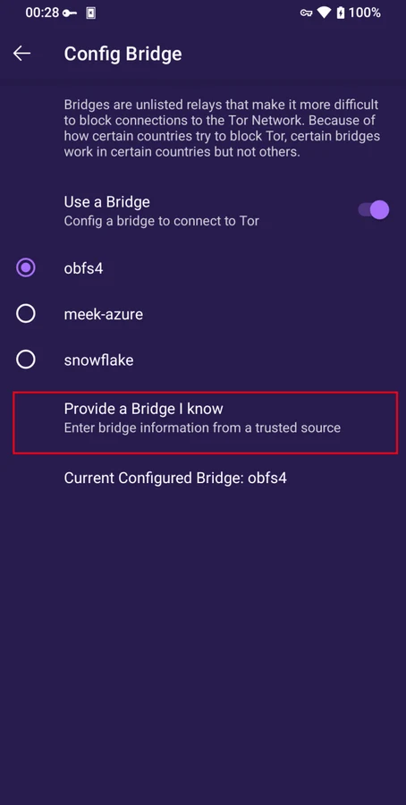 Earlier publisher Android manual view of bridge configuration; available options can vary by version.