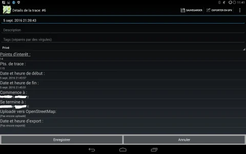 OSMTracker for Android: Earlier French Android tablet track details and GPX export, 2016