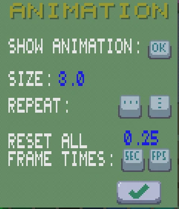 Pixelc publisher interface showing animation size, repeat and timing controls