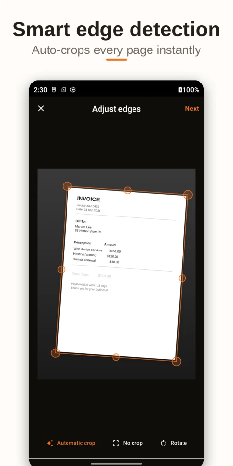 OpenScan: Adjust the edges of a scanned invoice