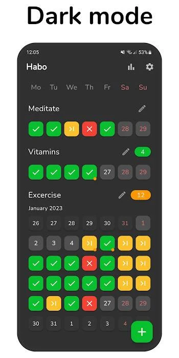 Habo: Habit calendar in dark mode