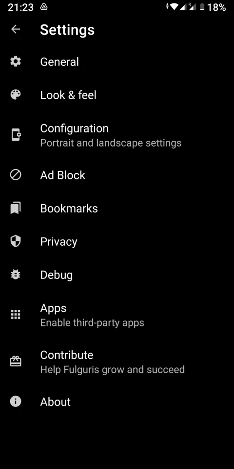 Fulguris settings menu for appearance, ad blocking, bookmarks and privacy.