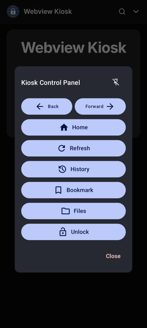 Webview Kiosk Android phone control panel with navigation, history, bookmarks and files