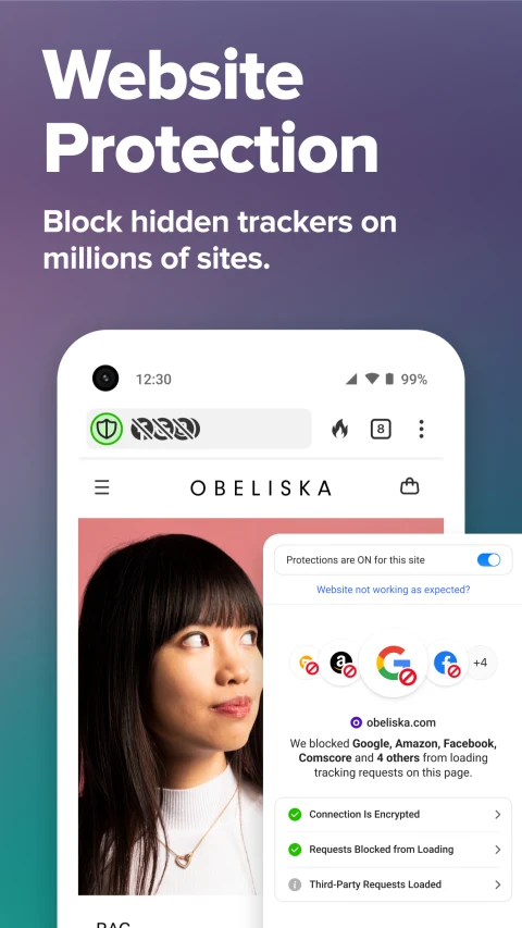 DuckDuckGo Android website-protection panel on a publisher example page