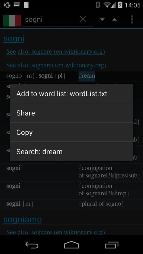 QuickDic: English-Italian lookup and word-list actions
