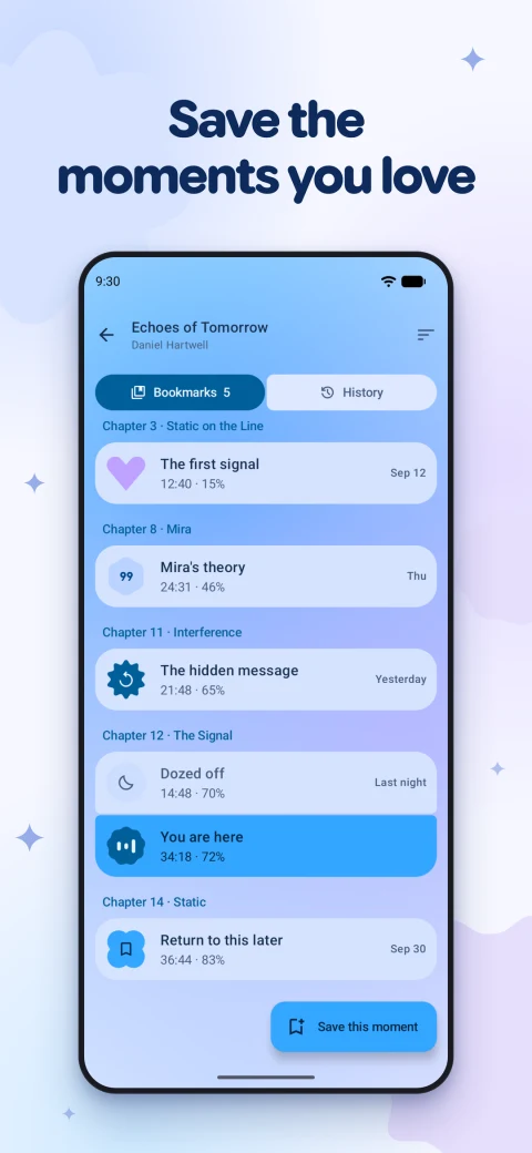 Voice Audiobook Player: Bookmarked playback positions