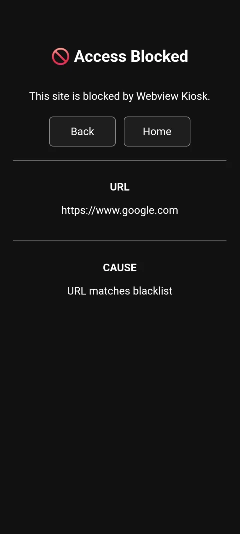 Webview Kiosk Android phone URL-filter result with Back and Home controls
