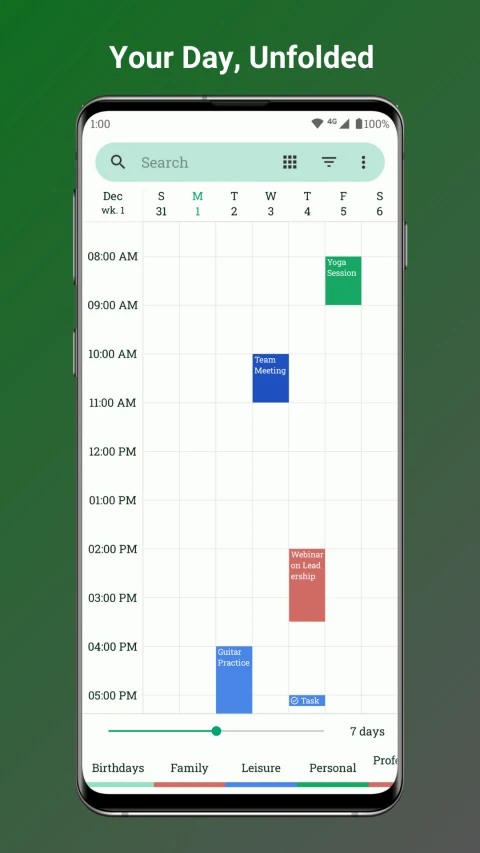 Fossify Calendar: Week view with sample events