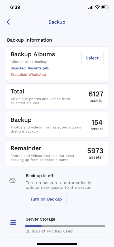 Immich publisher iPhone screenshot of backup progress and album selection