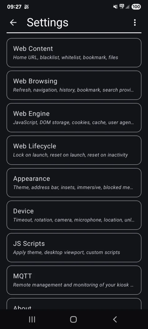 Webview Kiosk Android phone settings for web content, browsing, appearance and device options