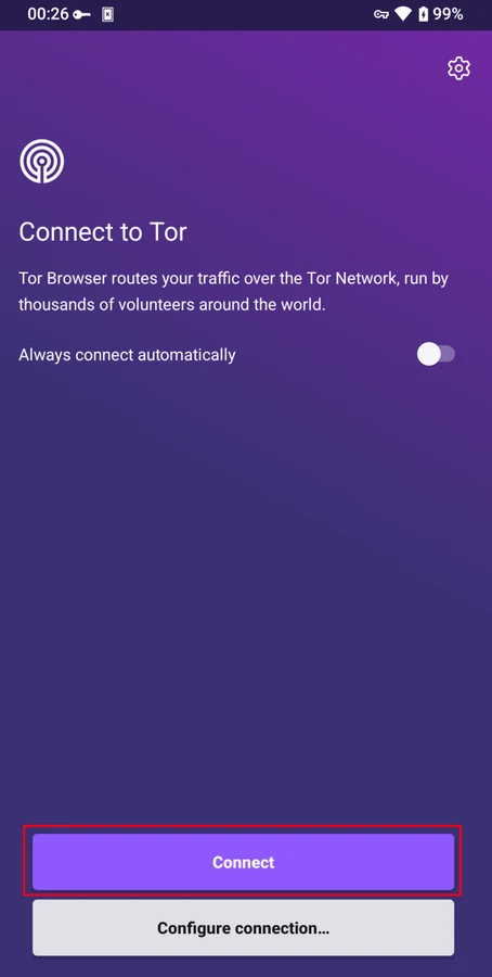 Publisher Android manual view of Tor Browser’s connection screen.