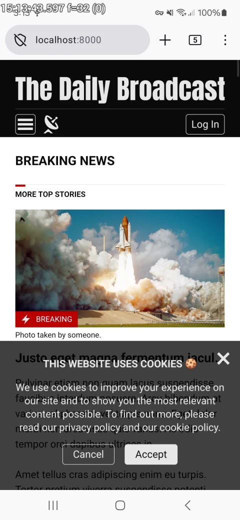 Firefox publisher Nightly Android browsing reference on a fictional localhost page; photo by NASA on Unsplash