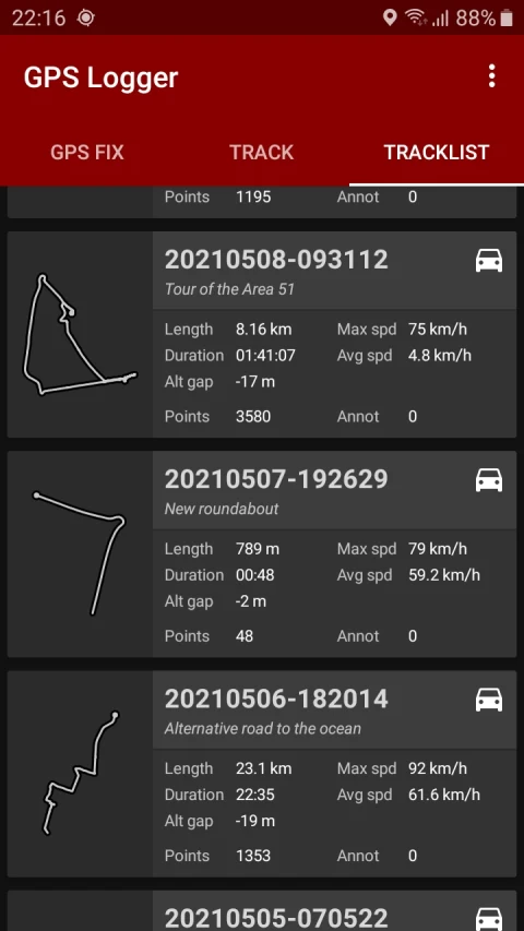 BasicAirData GPS Logger: Saved tracks and route outlines