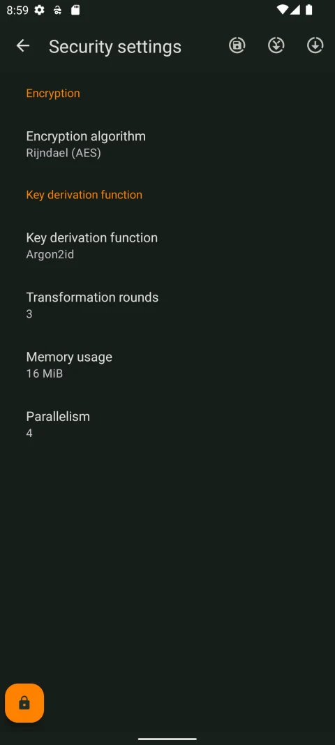 KeePassDX: Database encryption settings