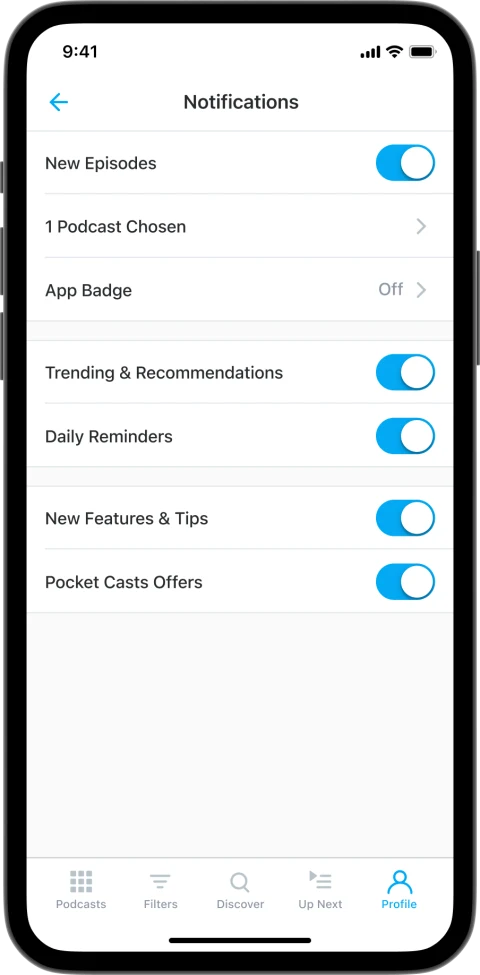 Pocket Casts notification preferences: publisher iPhone interface view from July 2025, in its original phone frame.