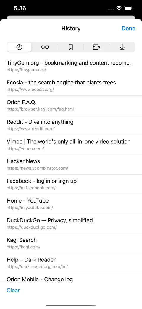 Orion iPhone history list with controls for bookmarks, extensions and downloads.
