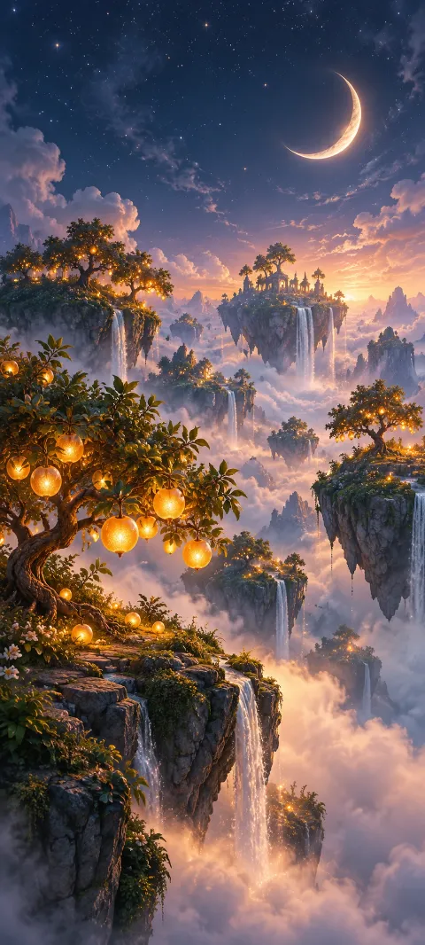 A floating orchard island drifts above silver clouds.