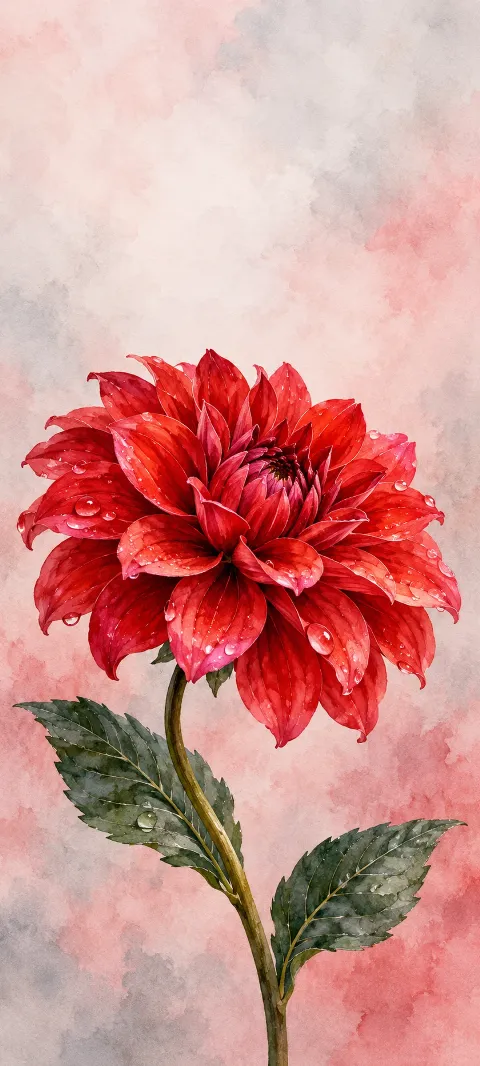 Scarlet dahlia with raindrops and green leaves on pink gray watercolor paper.