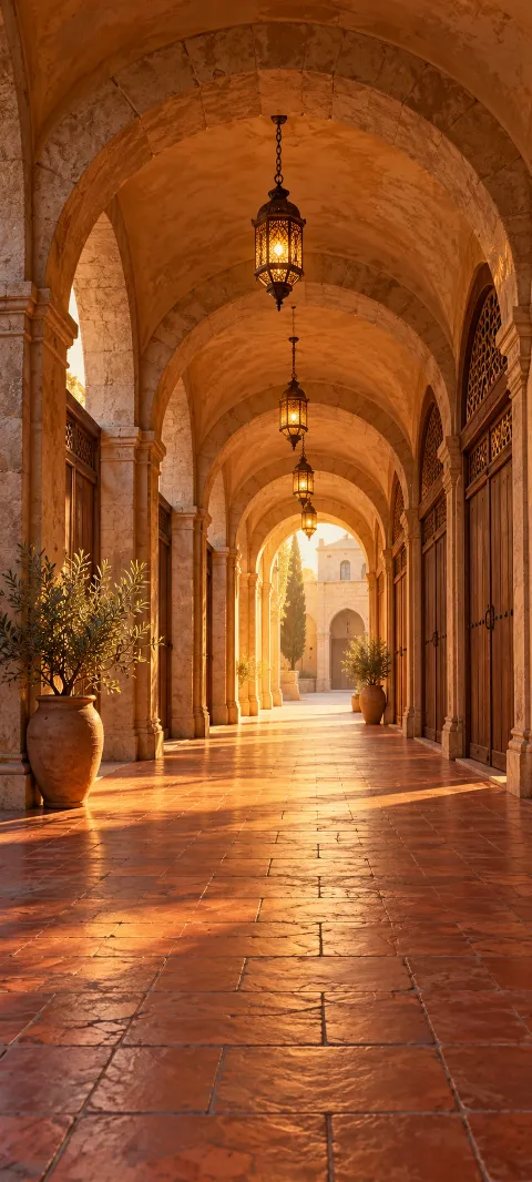 Copper stone arcade with hanging lamps, wooden doors, and olive planters.