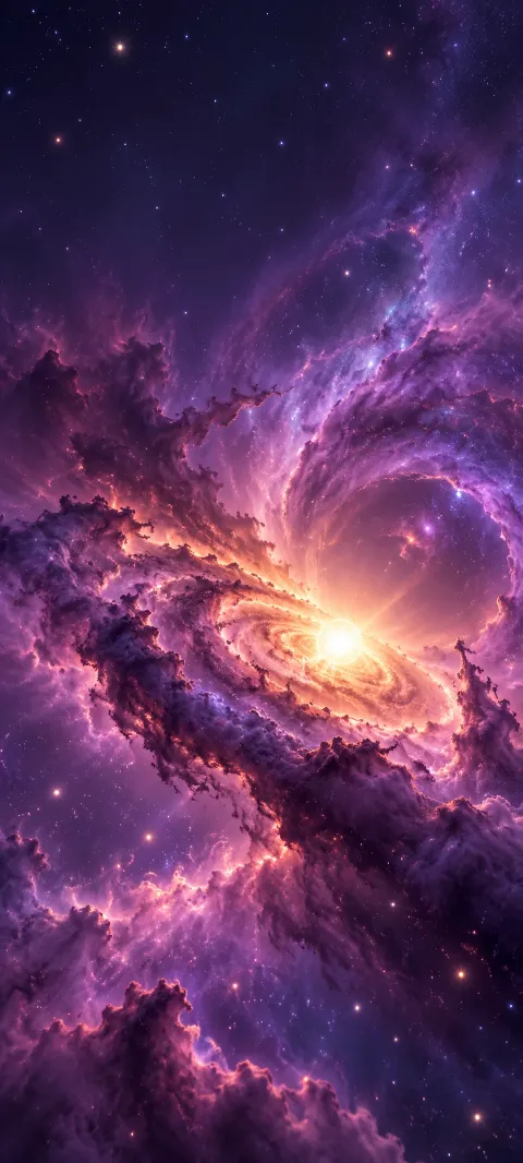 Violet dust clouds curl around a bright star.