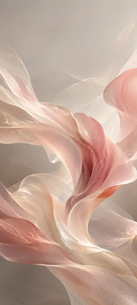 Rose and cream translucent forms drift across a warm gray field.