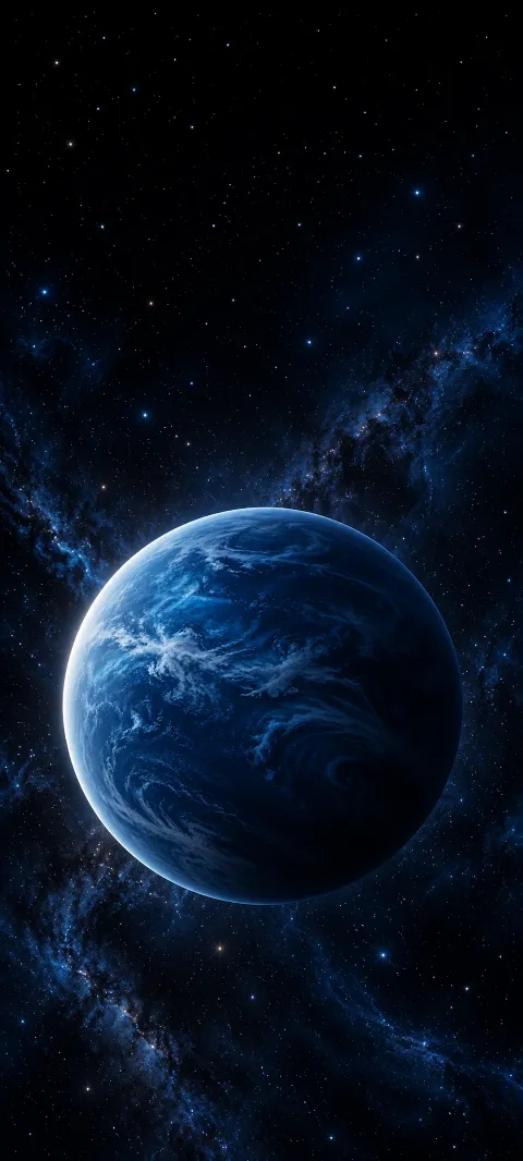 A whole cobalt-blue planet with a pale left crescent against a dark star field.