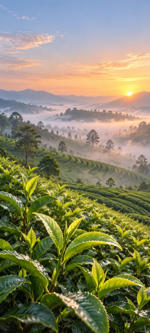 Fresh tea leaves curl along a misty hillside row.