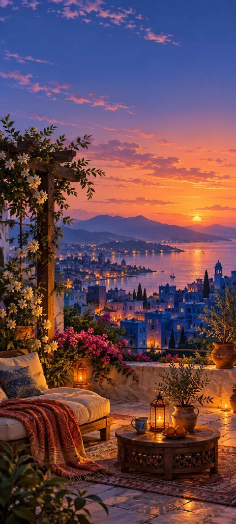 A rooftop garden overlooks cobalt buildings at dusk.
