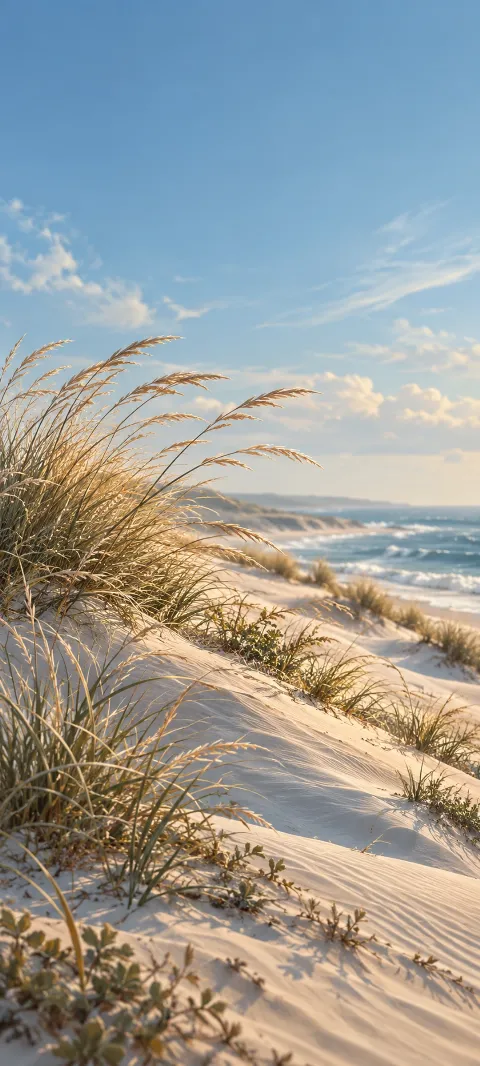 Pale dune grass bends across a quiet sand ridge beneath a blue sky.