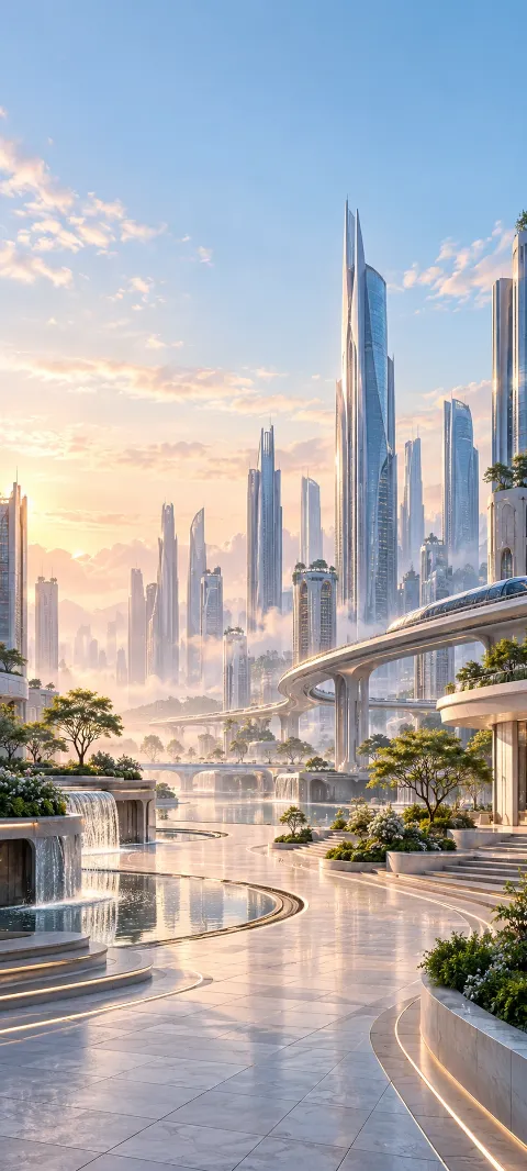 A pale futuristic plaza with gardens, water terraces, glass towers and an elevated transit track.