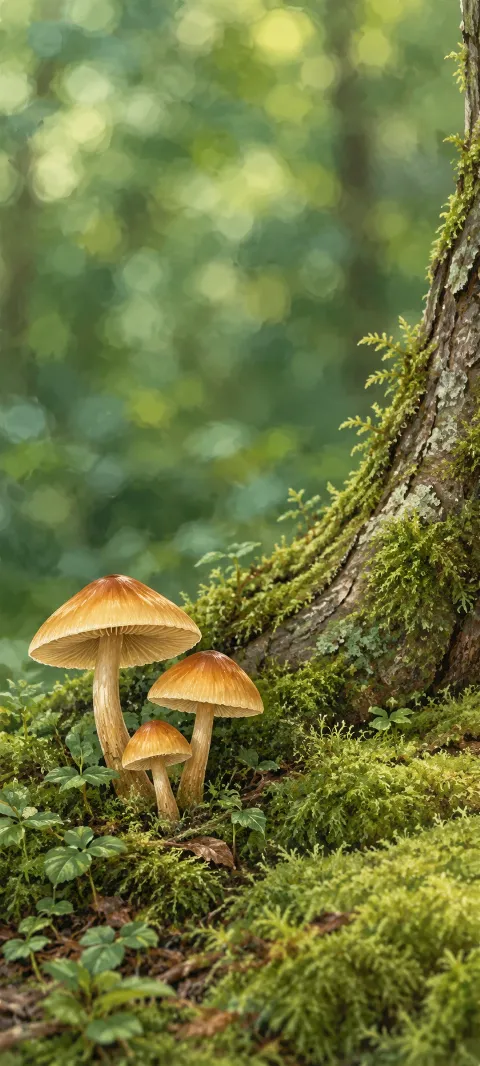 Three golden-brown mushrooms beside a tree root covered with moss.