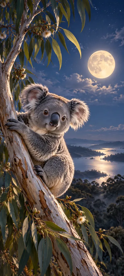 A koala clings to a eucalyptus branch under moonlight.