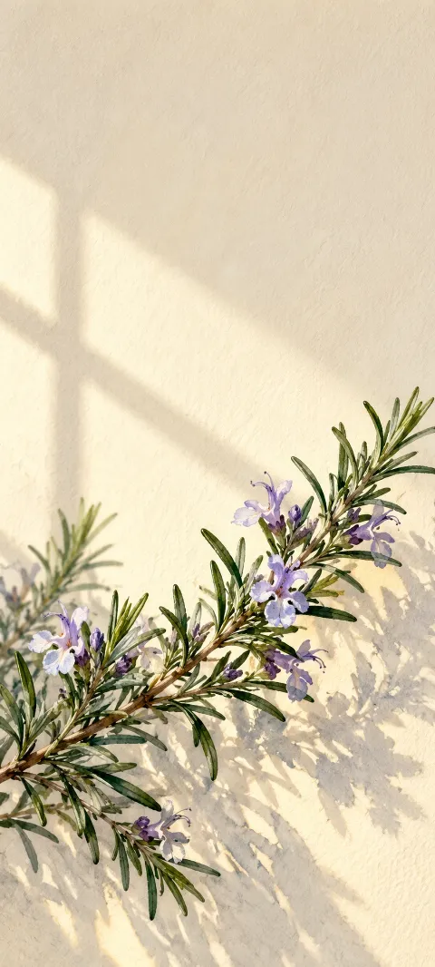 Rosemary branch with needle leaves and lavender flowers against cream, crossed by soft window shadows.