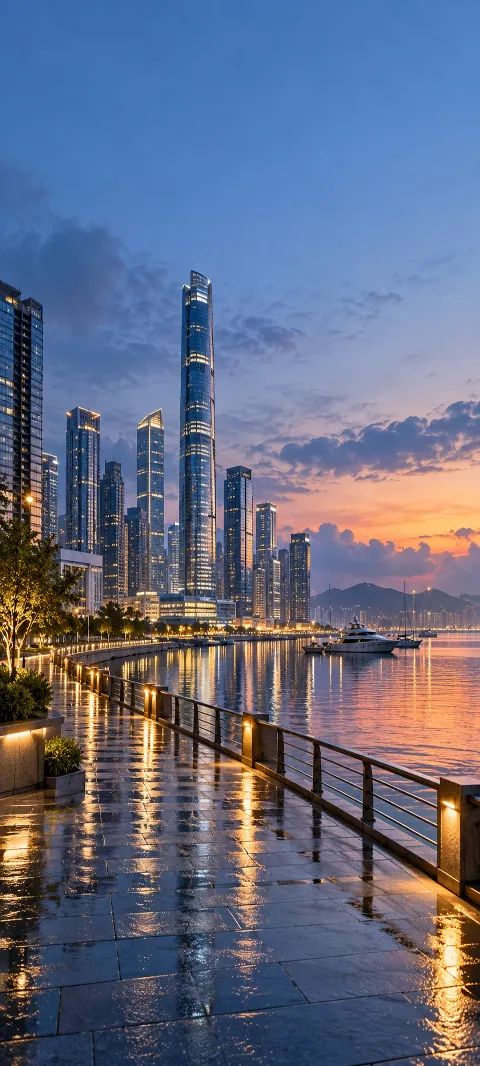 Silver towers rise behind a harbor promenade.