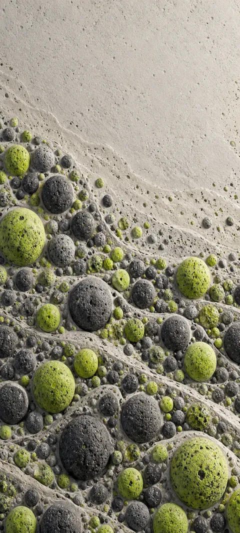 Lime and graphite dots create a mineral texture.