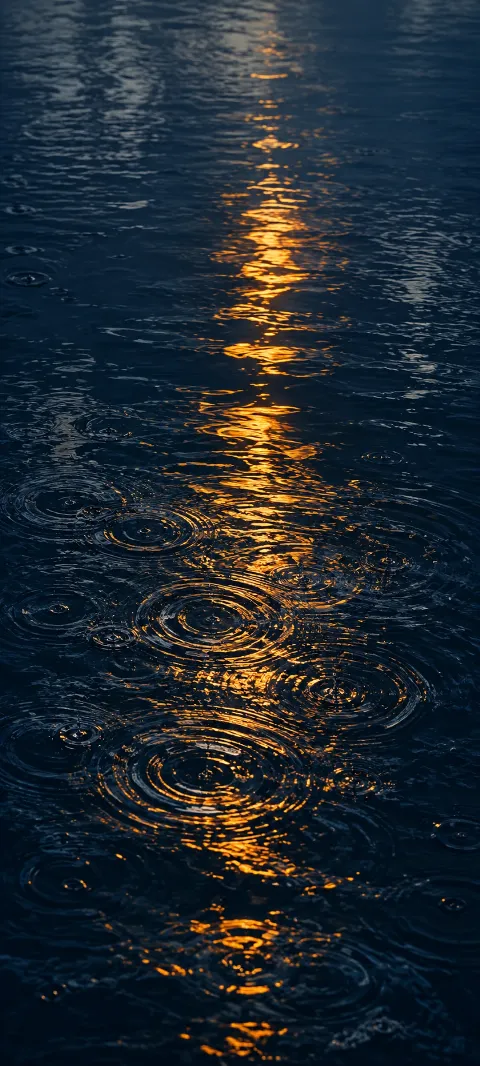 Overlapping rain rings on navy water crossed by a broken vertical amber reflection.