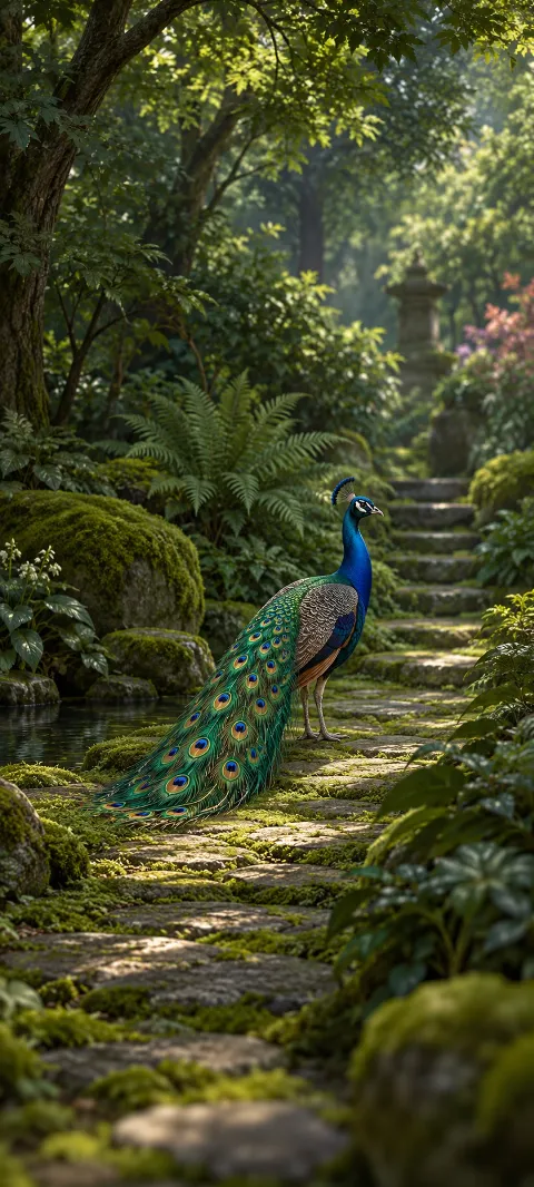 A peacock with a folded green train stands on a mossy path beside ferns and stone steps.
