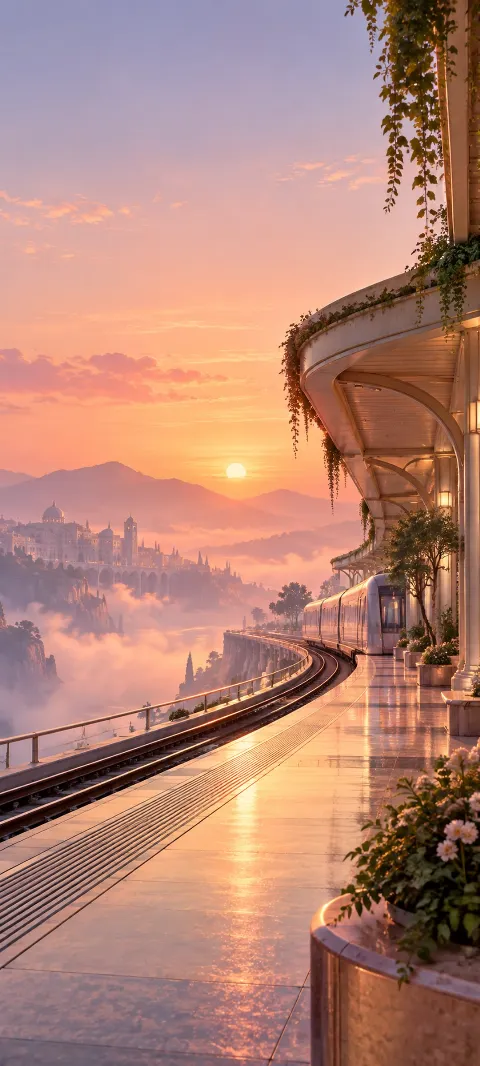 A peach morning haze surrounds an imagined station.