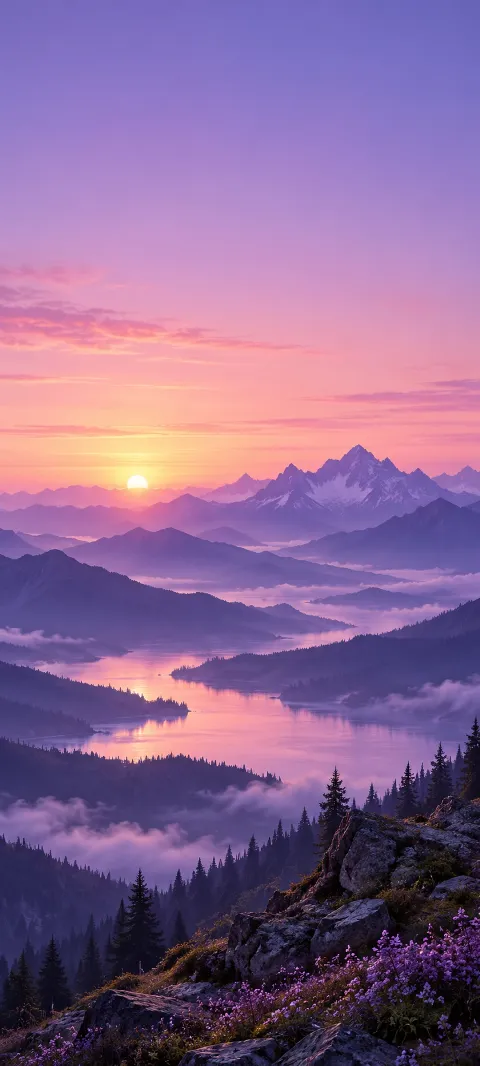 Lavender dawn silhouettes a layered mountain ridge.