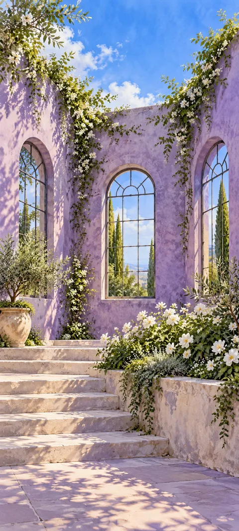 Violet courtyard walls with three arched windows, stone steps and white climbing flowers.