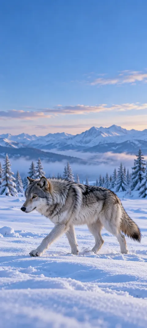 Full gray wolf walking left across snow with winter forest and peaks behind.