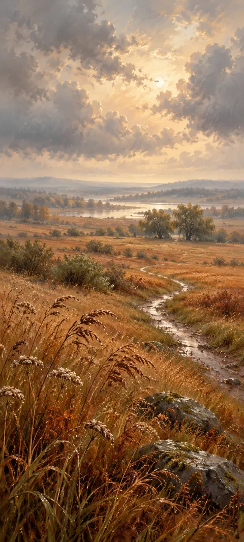 Wet winding path through copper meadow grass and seed heads under glowing rain clouds.