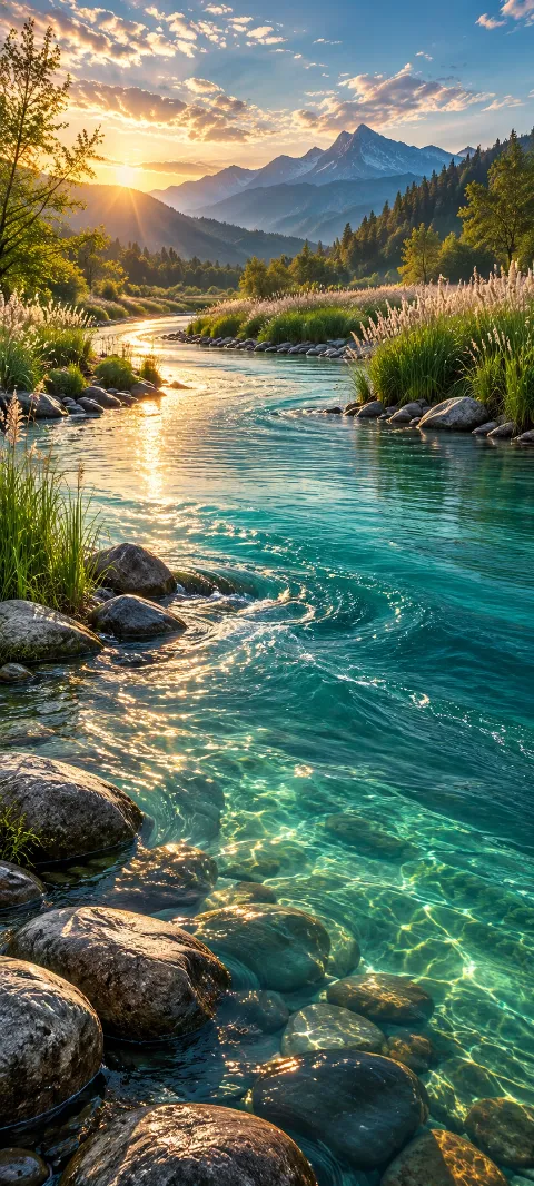 A teal river bends through reeds and smooth stones.